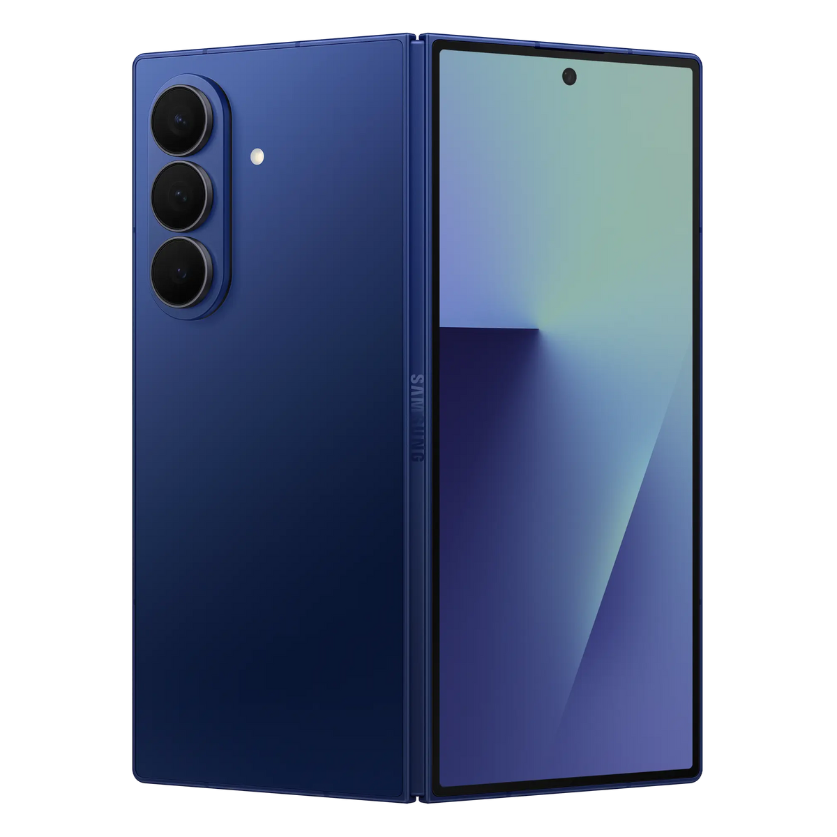 Samsung Galaxy Z Fold7 in Blue Shadow, back and cover screen at an angle