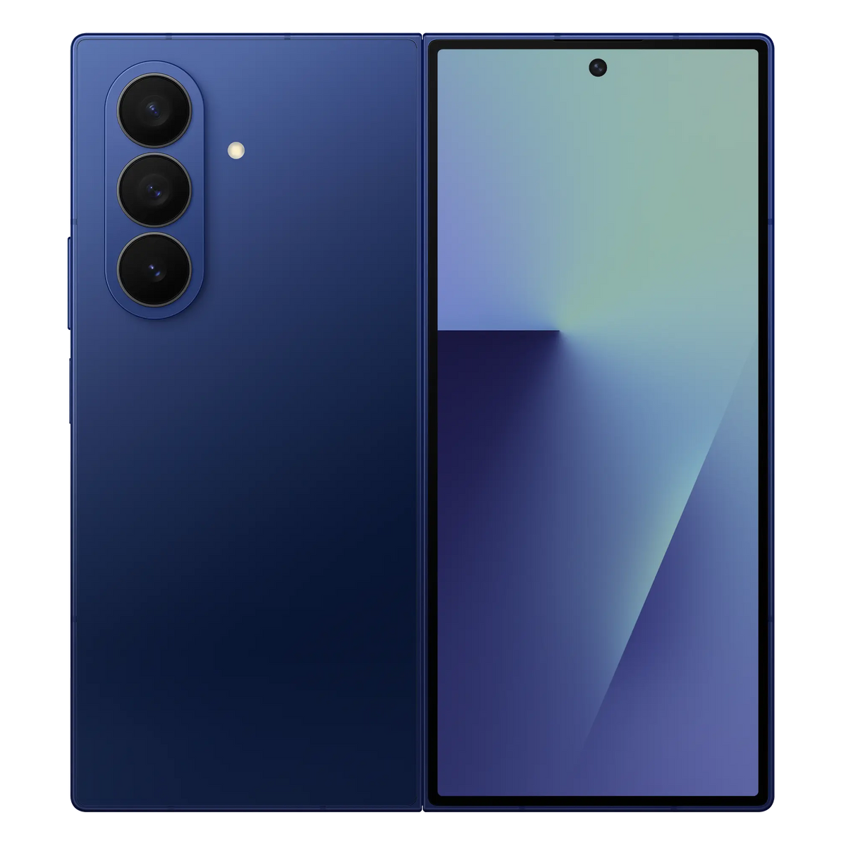 Samsung Galaxy Z Fold7 in Blue Shadow, back and cover screen side by side
