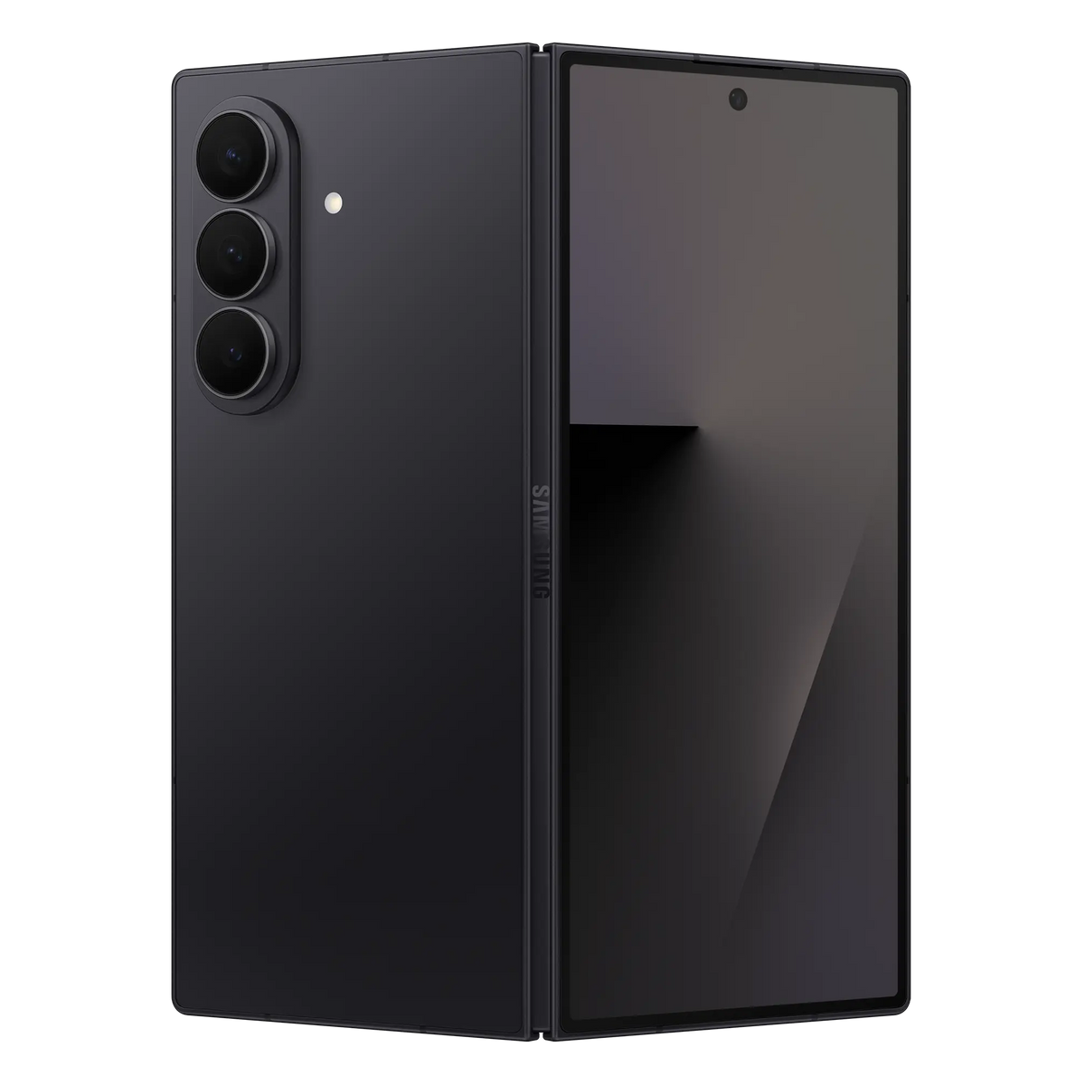 Samsung Galaxy Z Fold7 in Jetblack, back and cover screen at an angle