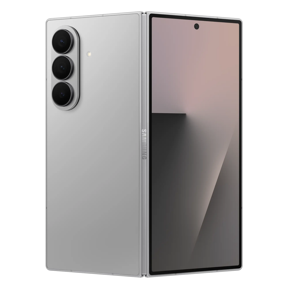 Samsung Galaxy Z Fold7 in Silver Shadow, back and cover screen at an angle