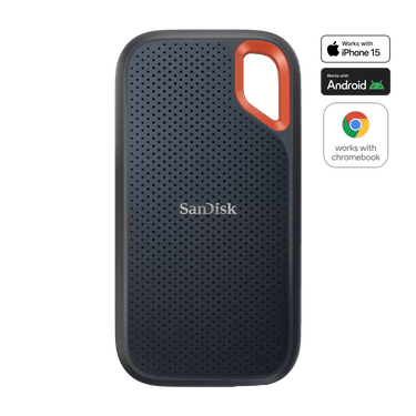 SanDisk Extreme Portable SSD front view with compatibility badges