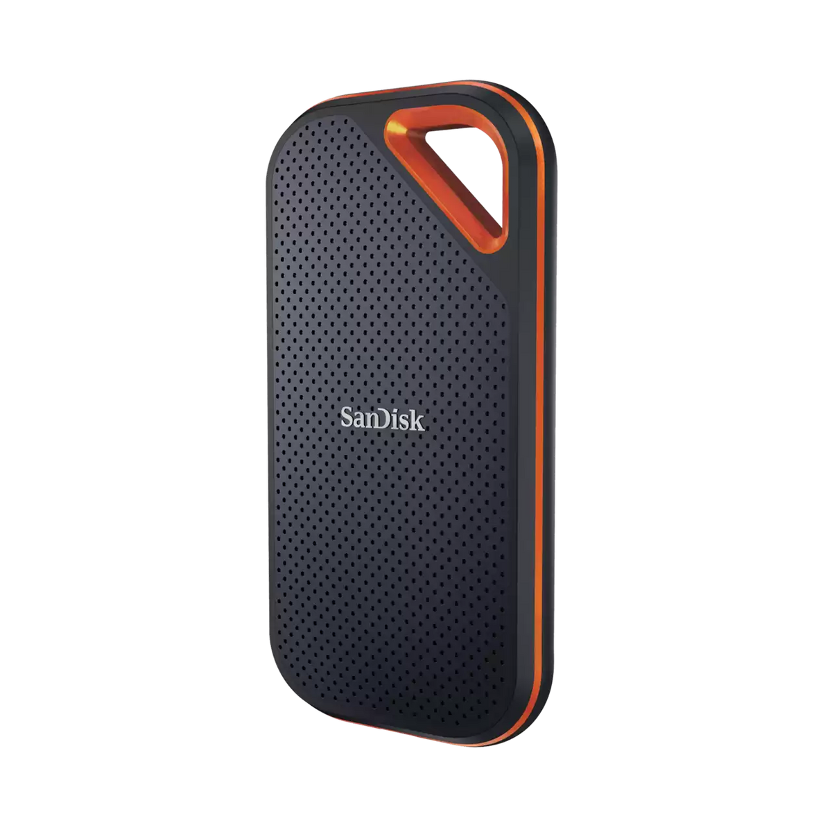 هارد سانديسك Extreme PRO Portable SSD V2 بزاوية جانبية وتظهر حلقة التعليق البرتقالية