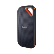 هارد سانديسك Extreme PRO Portable SSD V2 بزاوية جانبية وتظهر حلقة التعليق البرتقالية