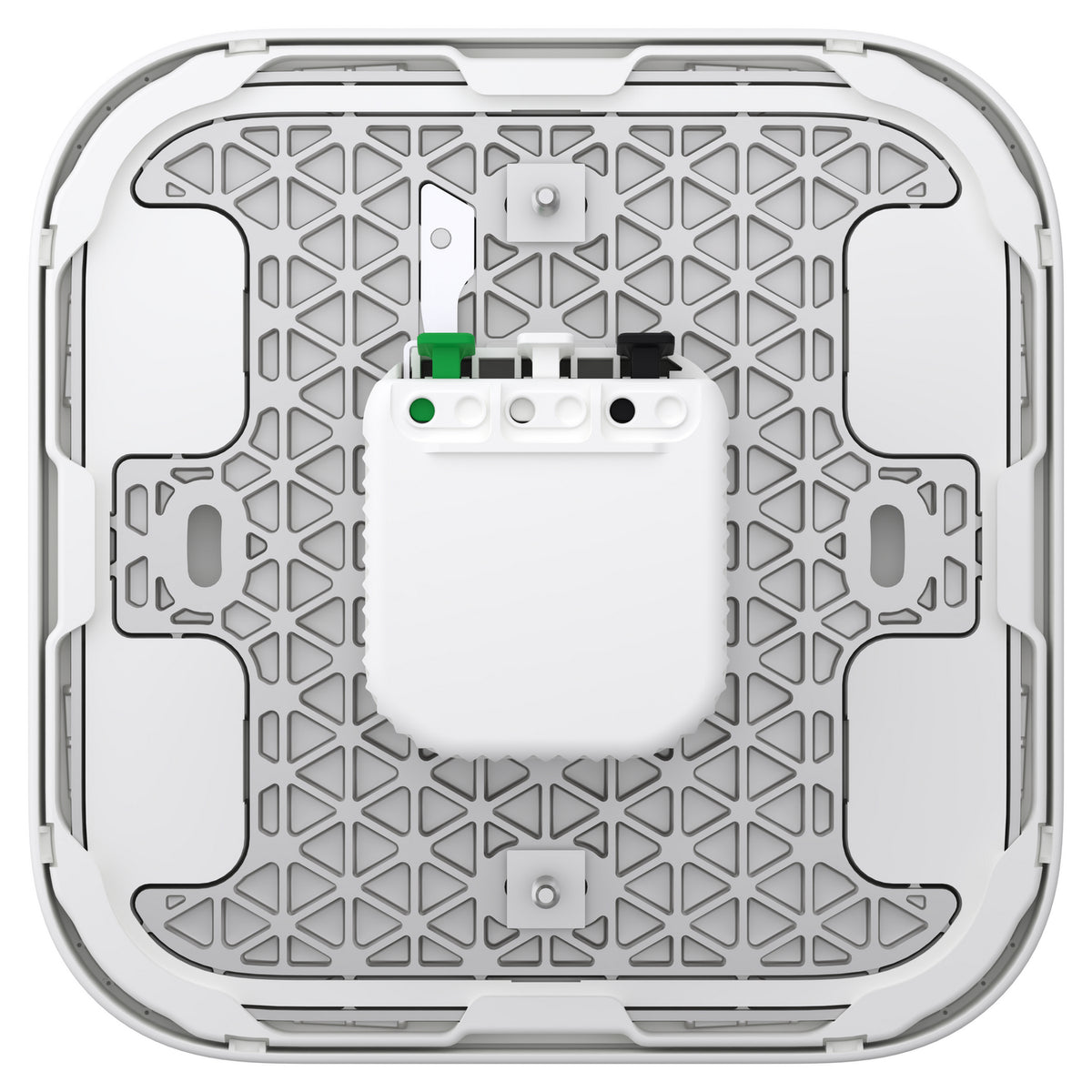 قاعدة Schneider Home Power Mount AC Wired، منظر خلفي يوضح أطراف توصيل الكهرباء والجزء الذي يدخل في علبة الحائط