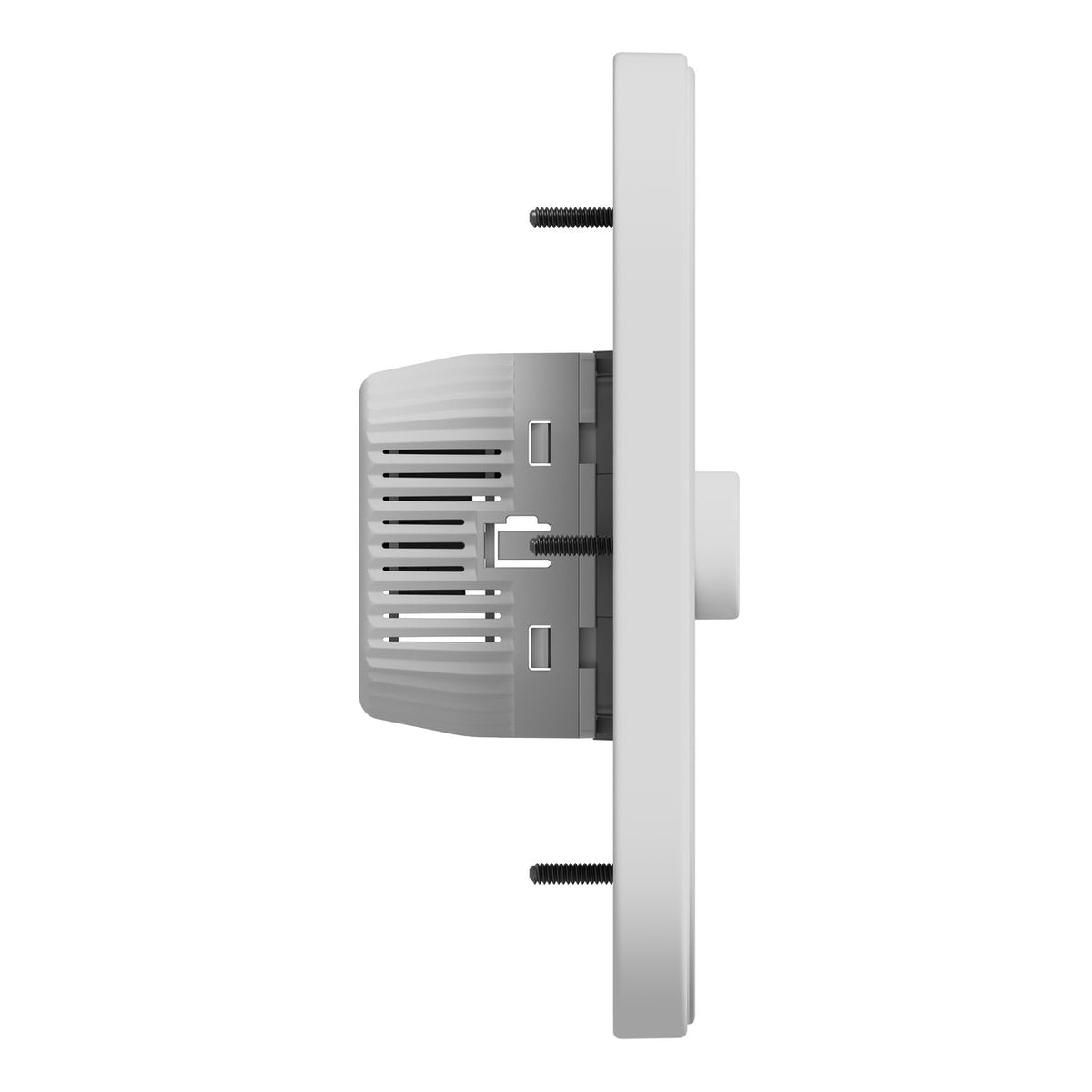 قاعدة Schneider Home Power Mount PoE Wired، منظر جانبي يوضح عمق الجزء الداخلي ومسامير التثبيت