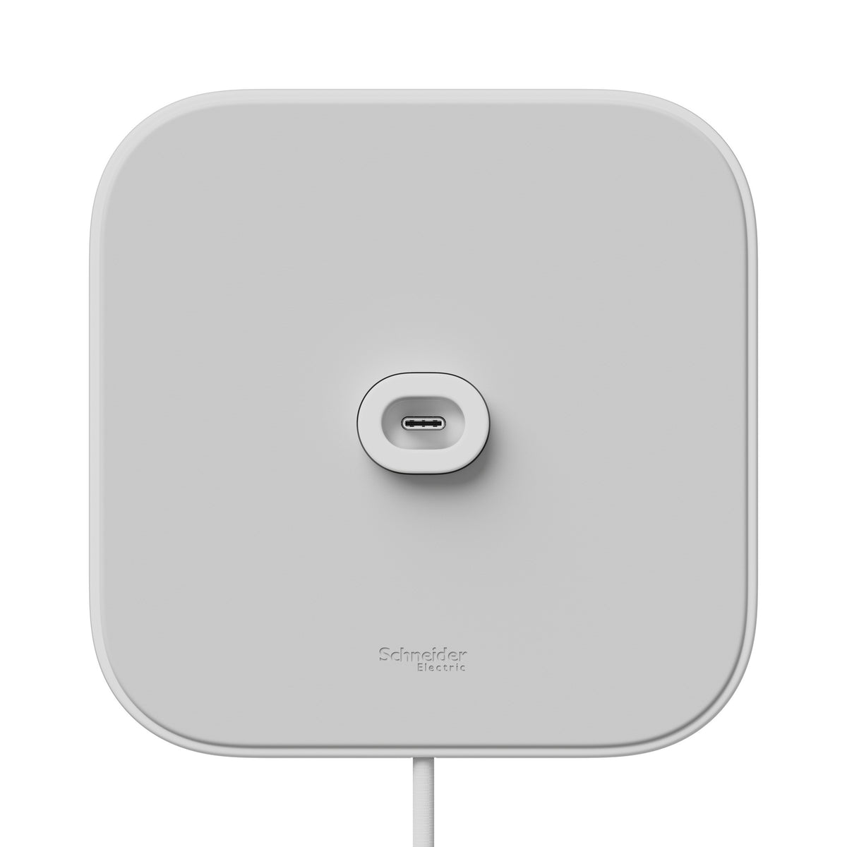 قاعدة Schneider Home Power Mount USB-C Wall Connector، لقطة قريبة للوحة التثبيت البيضاء وعليها شعار Schneider Electric