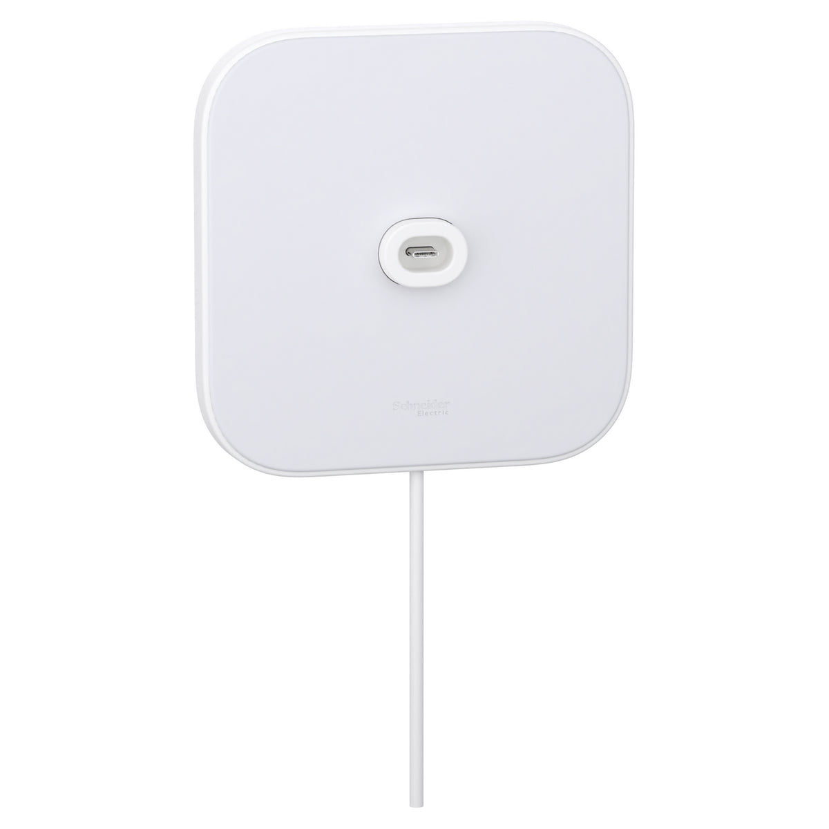 قاعدة تثبيت حائط Schneider Home Power Mount USB-C Wall Connector باللون الأبيض، منظر أمامي مع كابل USB-C المثبت فيها
