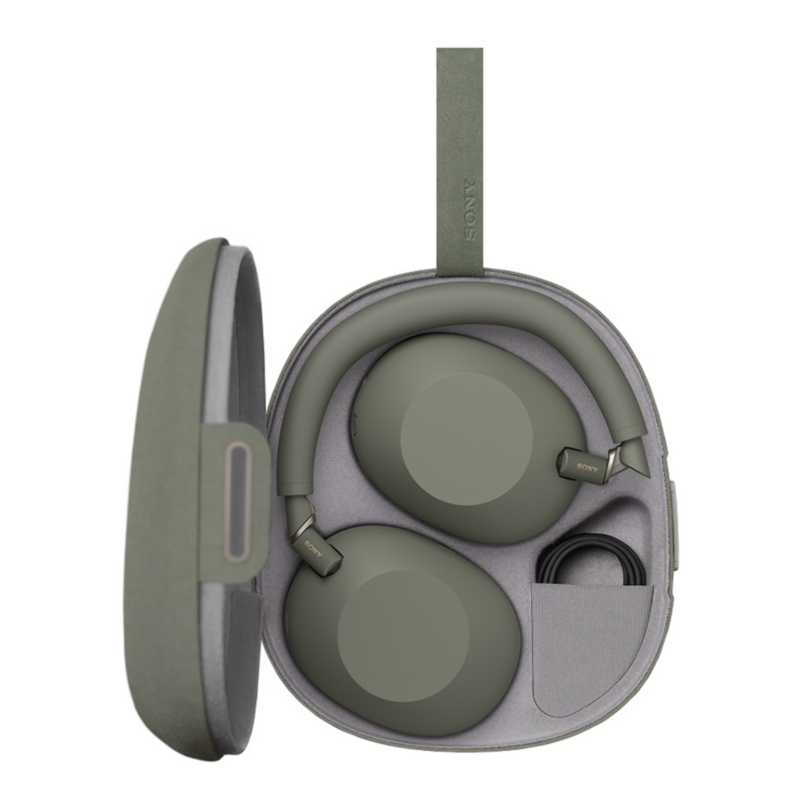 Olive Gray Sony WH-1000XM6 wireless headphones in the carrying case