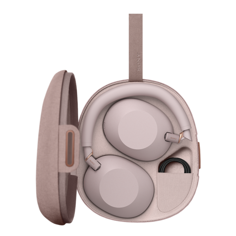 Sand Pink Sony WH-1000XM6 wireless headphones in the carrying case