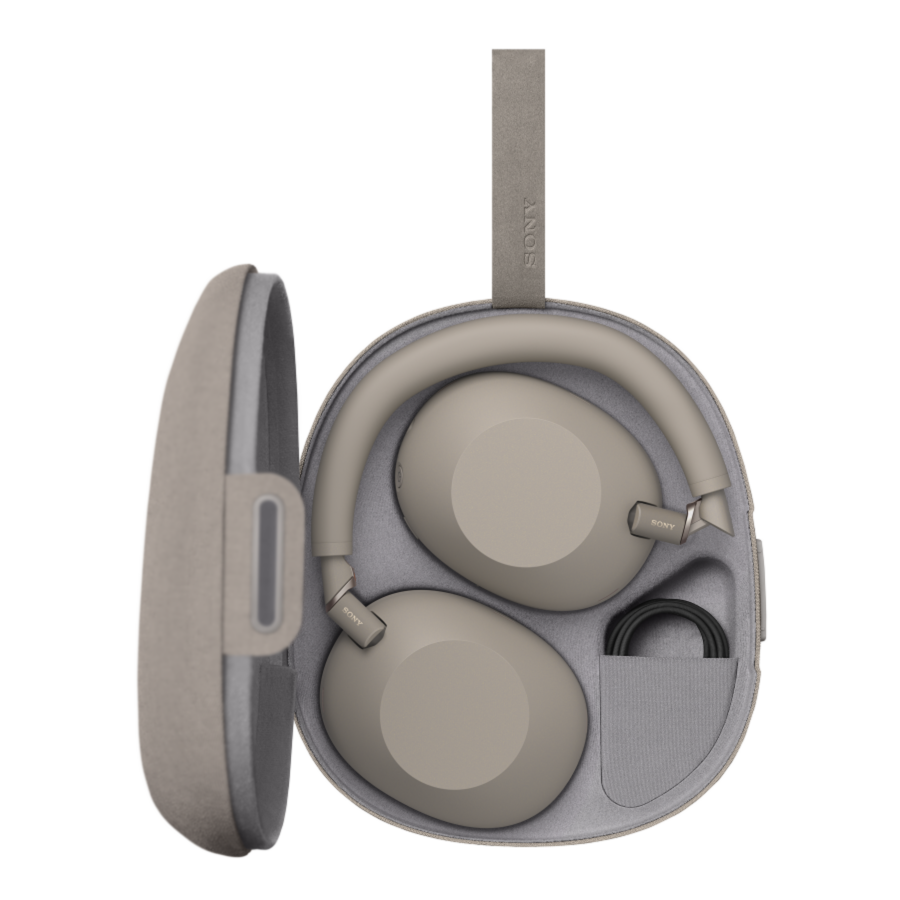 Sandstone Sony WH-1000XM6 wireless headphones in the carrying case