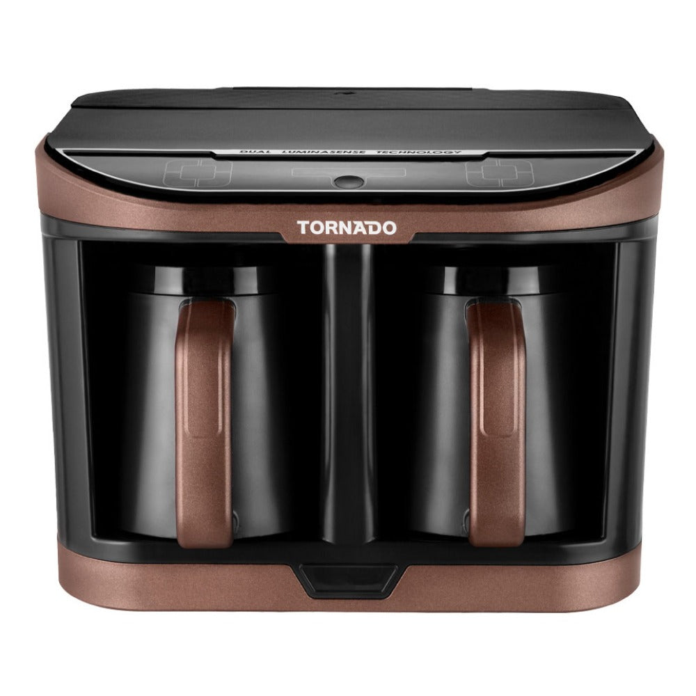 Front view of the Tornado TCME-100D-PRO with its two coffee pots in place
