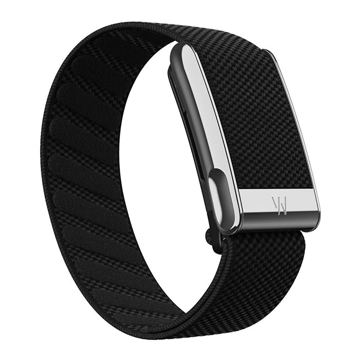 WHOOP MG tracker on an Obsidian SuperKnit Luxe band with metal clasp, angled view