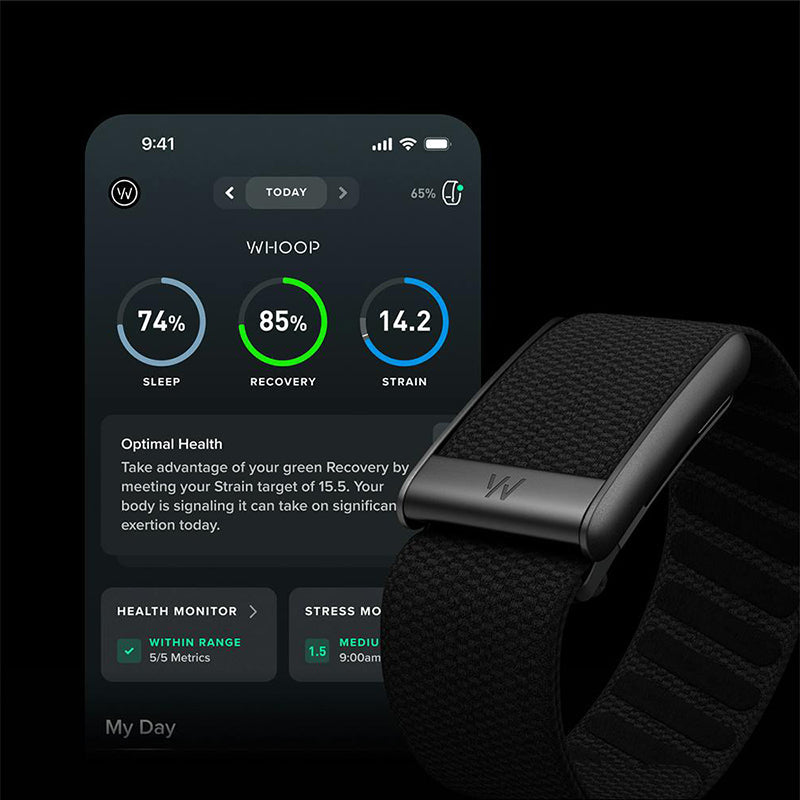 WHOOP app with sleep, recovery and strain scores next to the WHOOP 5.0 tracker on a SuperKnit band