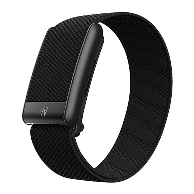 WHOOP 5.0 tracker on an Obsidian SuperKnit band, angled view