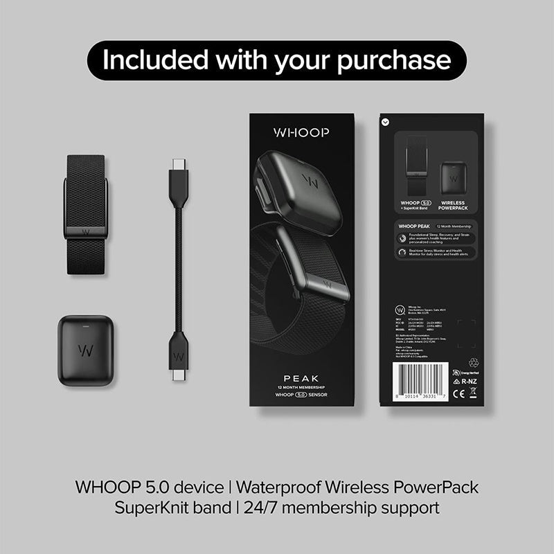 WHOOP Peak box contents: WHOOP 5.0 device, SuperKnit band and waterproof Wireless PowerPack