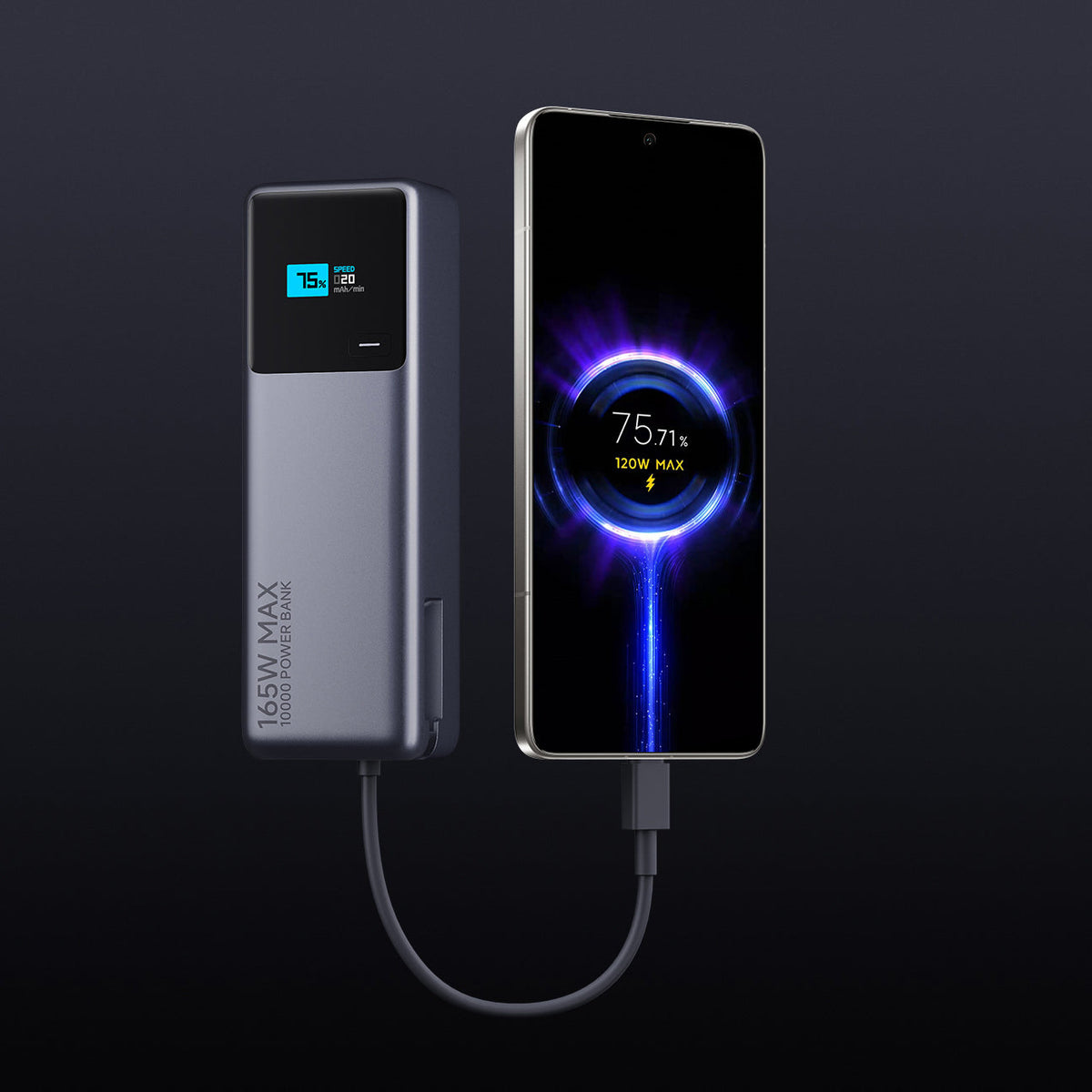 Xiaomi 165W Power Bank 10000 charging a smartphone through the integrated cable