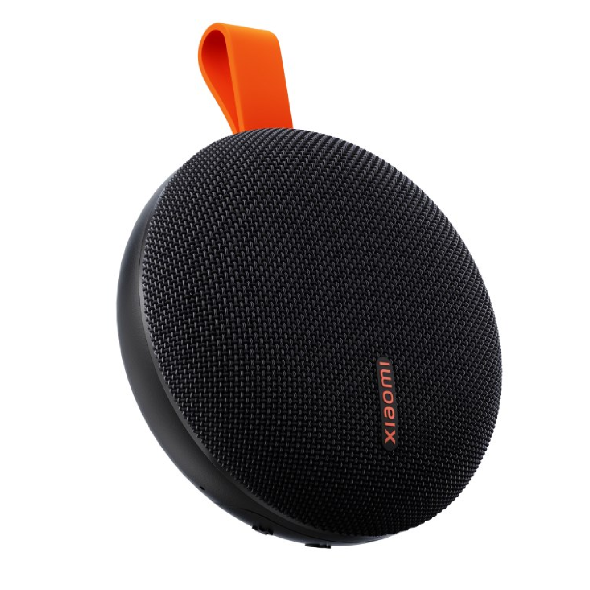 Xiaomi Bluetooth Speaker Essential in black, angled view showing the rounded body and the orange carry strap