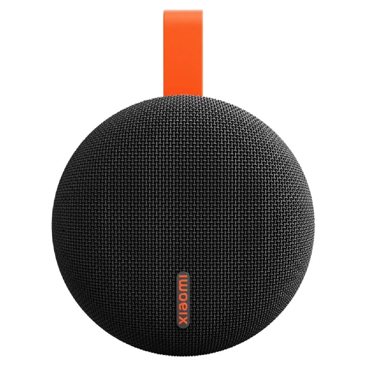 سماعة Xiaomi Bluetooth Speaker Essential باللون الأسود، منظر أمامي يوضح الشبكة القماشية وحزام الحمل البرتقالي