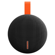 Xiaomi Bluetooth Speaker Essential in black, front view showing the fabric grille and the orange carry strap