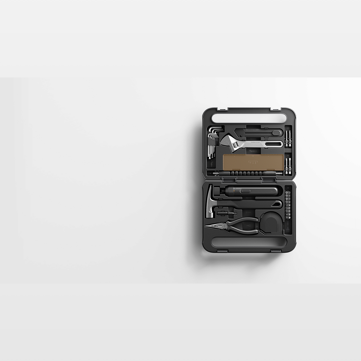 Xiaomi Mijia Tool Kit seen from above with the clamshell case open and every tool held in its own slot