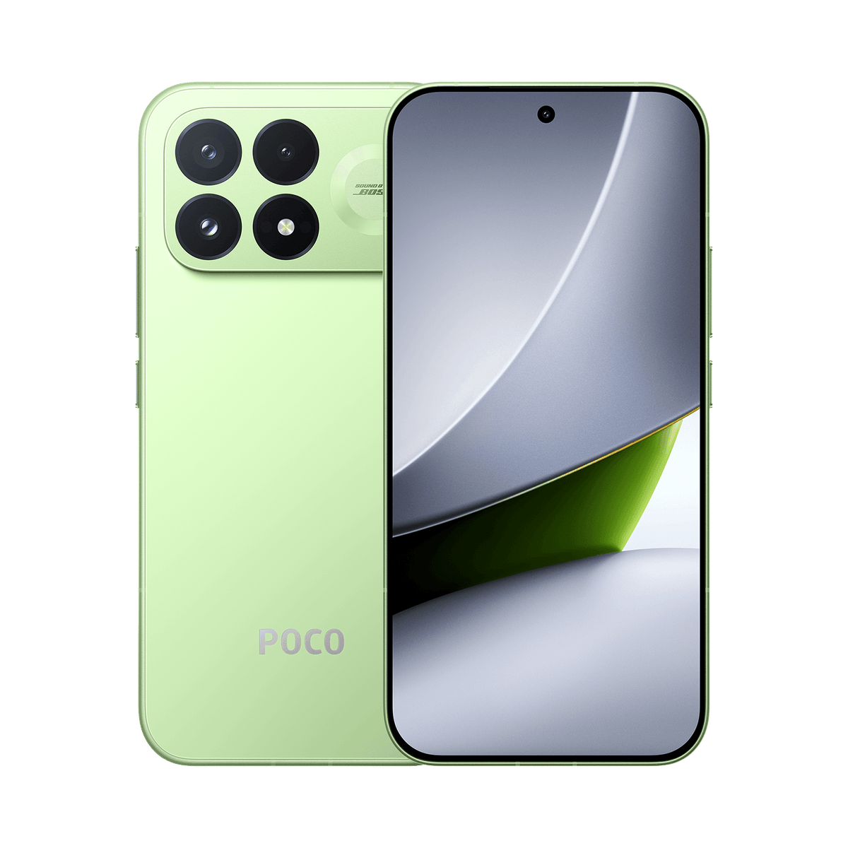 هاتف Xiaomi POCO F9 Pro بلون Aurora Green من الأمام والخلف