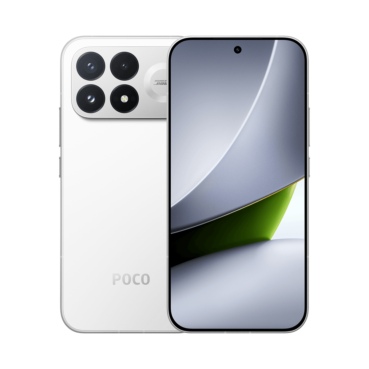 هاتف Xiaomi POCO F9 Pro بلون White من الأمام والخلف
