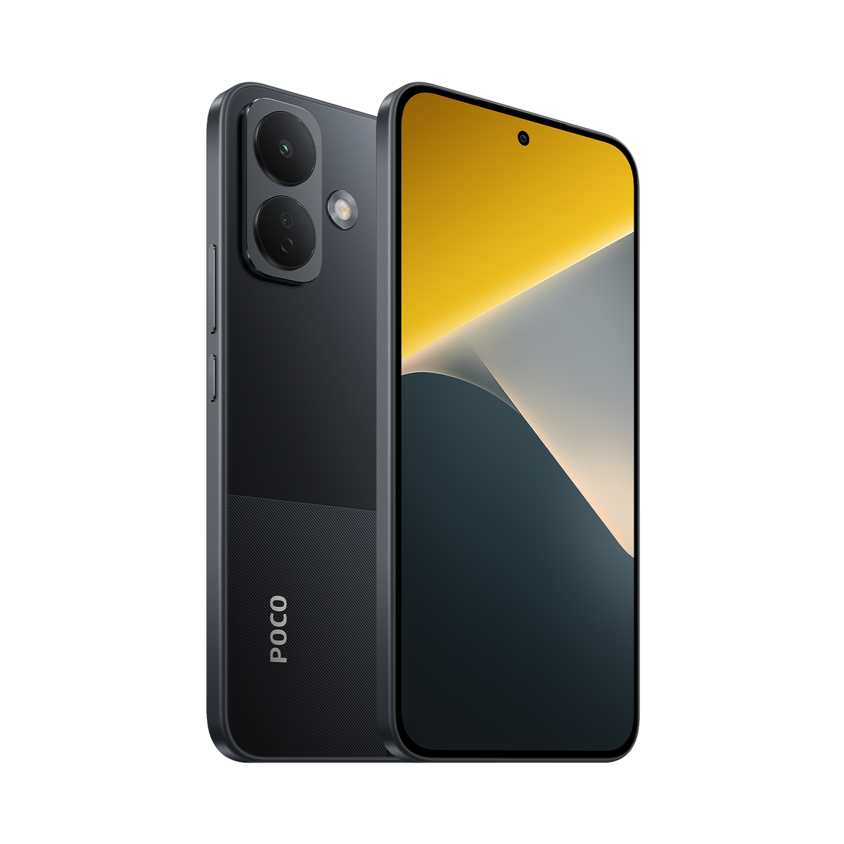 Black Xiaomi POCO X8 at an angle, back and front