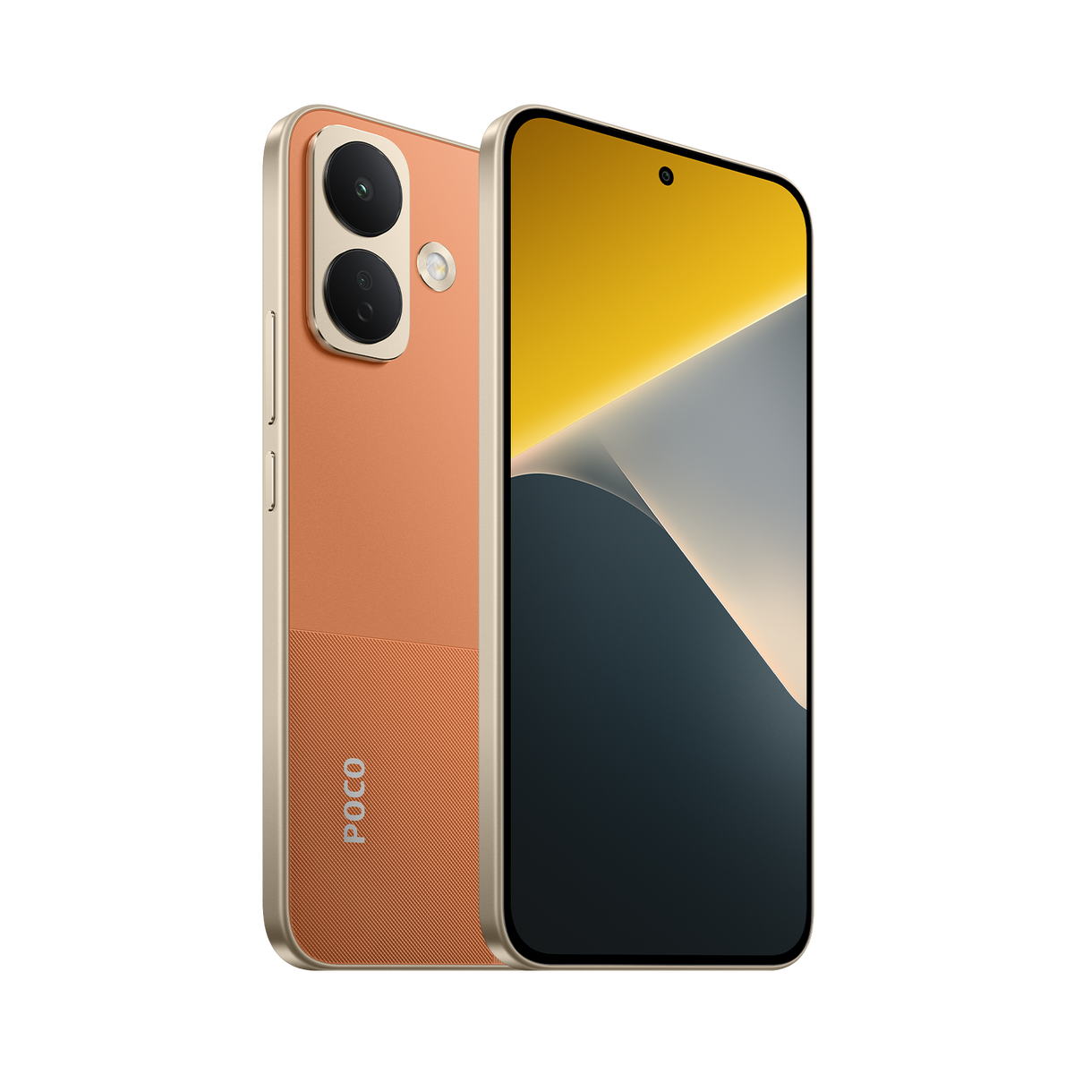 Orange Xiaomi POCO X8 at an angle, back and front