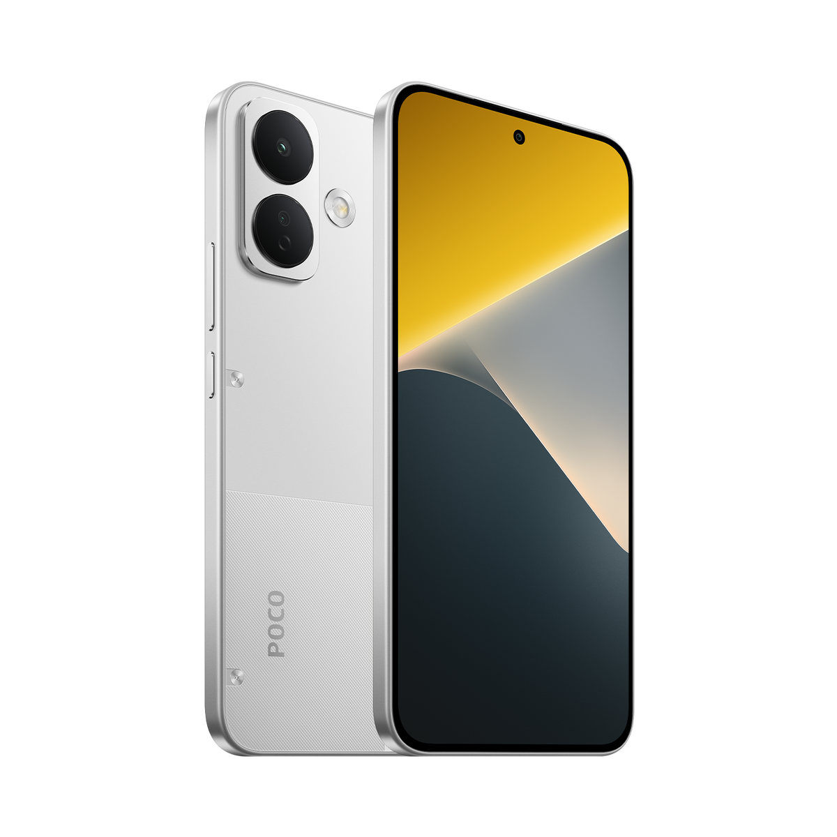 White Xiaomi POCO X8 at an angle, back and front