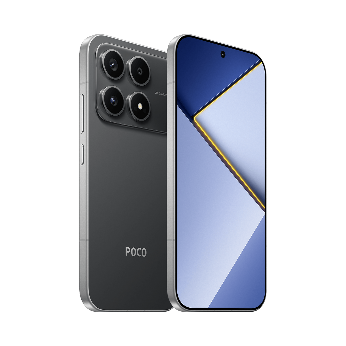 Black Xiaomi POCO X8s at an angle, back and front