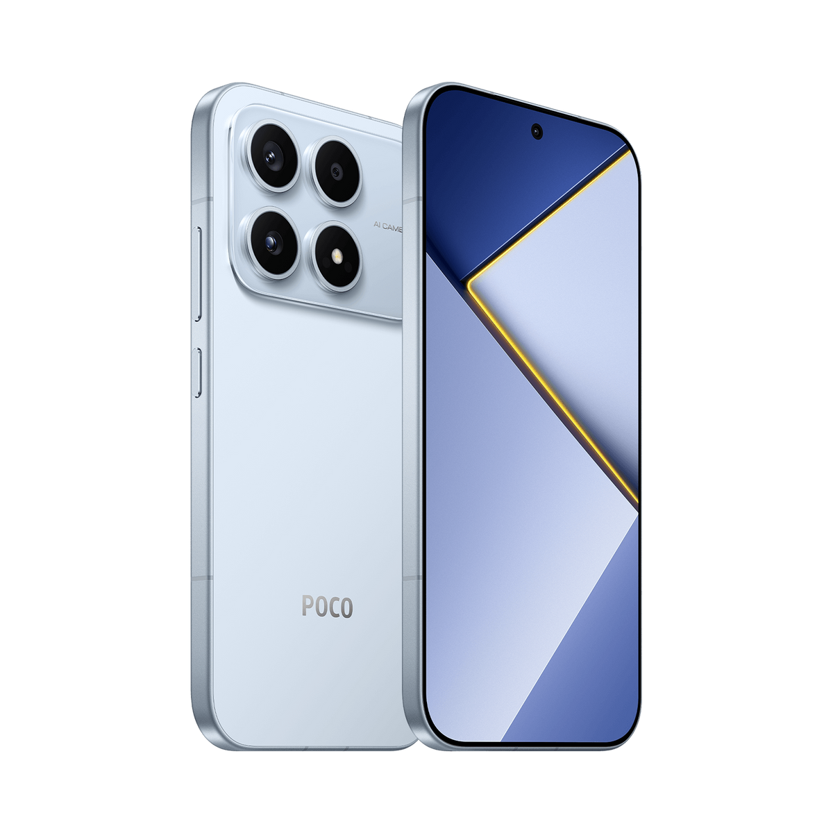 Blue Xiaomi POCO X8s at an angle, back and front