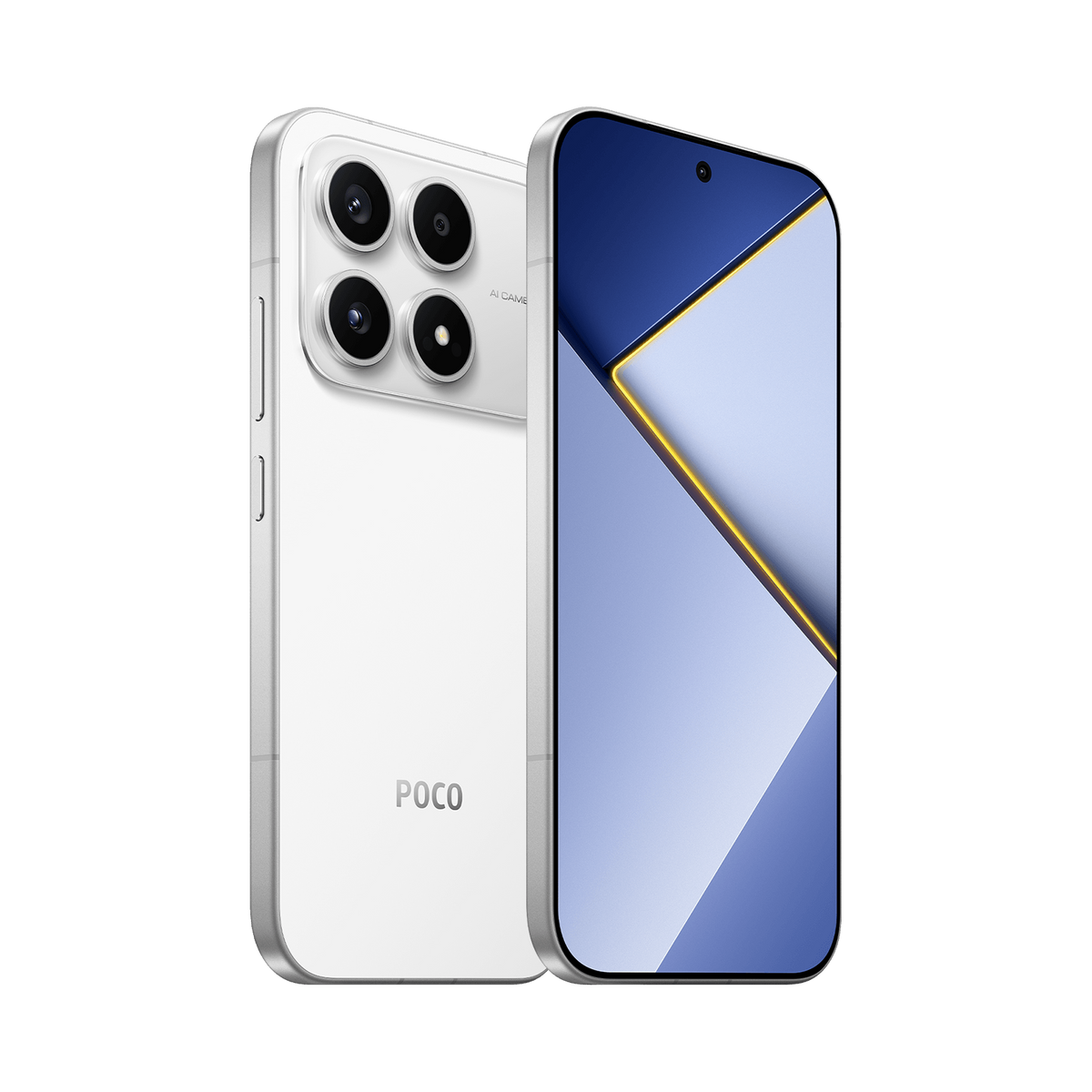 White Xiaomi POCO X8s at an angle, back and front