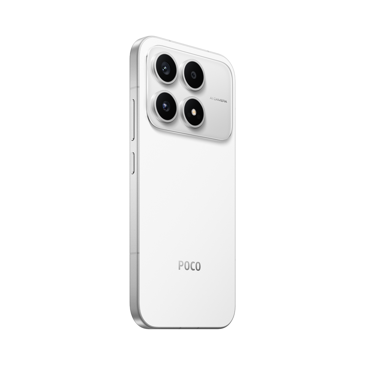 White Xiaomi POCO X8s back, side view