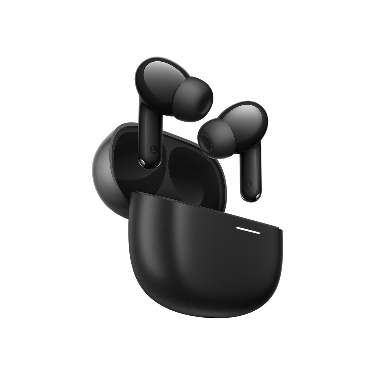 Xiaomi Redmi Buds 8 in Black with the charging case open and both earbuds above it