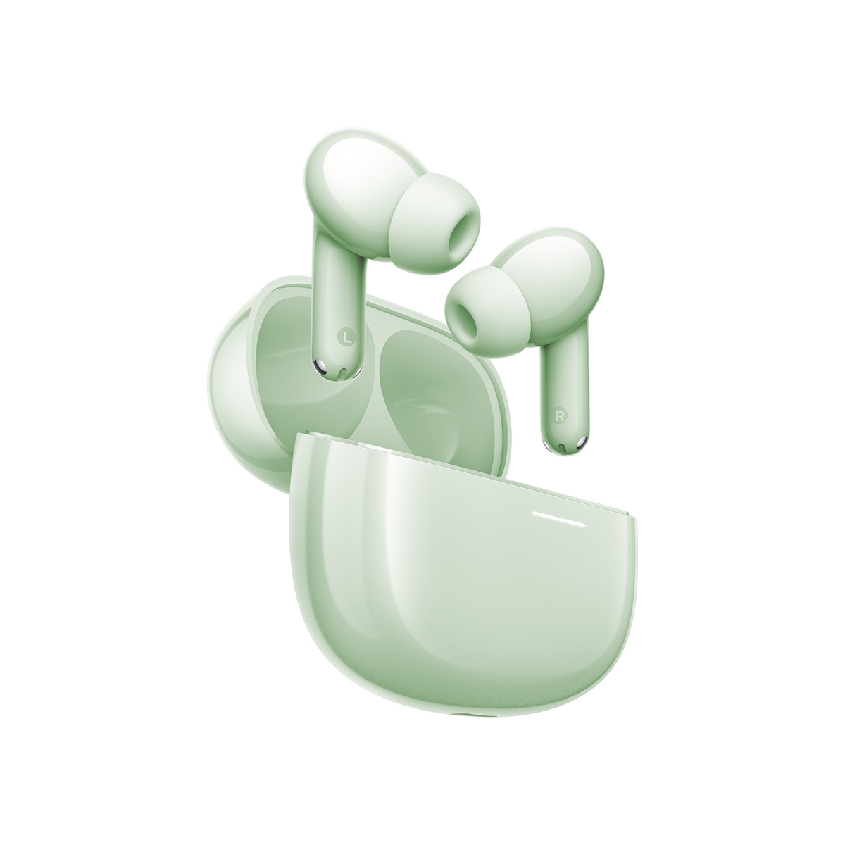 Xiaomi Redmi Buds 8 in Green with the charging case open and both earbuds above it