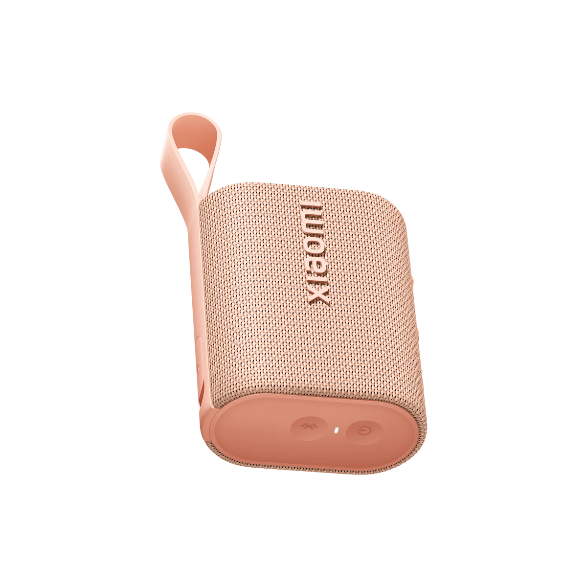 سماعة شاومي ساوند بوكت بلون Pink من زاوية مع شريط التعليق المطاطي