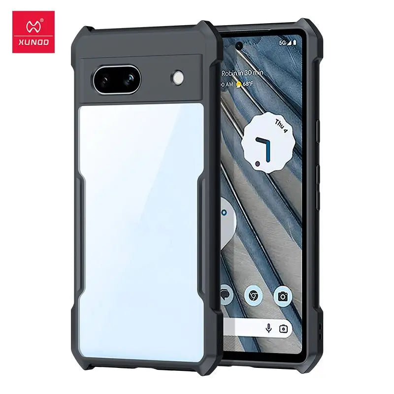 XUNDD Riggear clear case for Google Pixel 7a with black bumper, back and front view