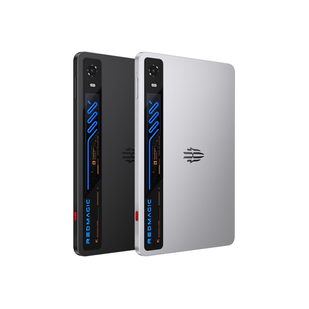 ZTE RedMagic Astra 2 gaming tablet in Eclipse Black and Starfrost Silver side by side, showing the transparent cooling window on the back