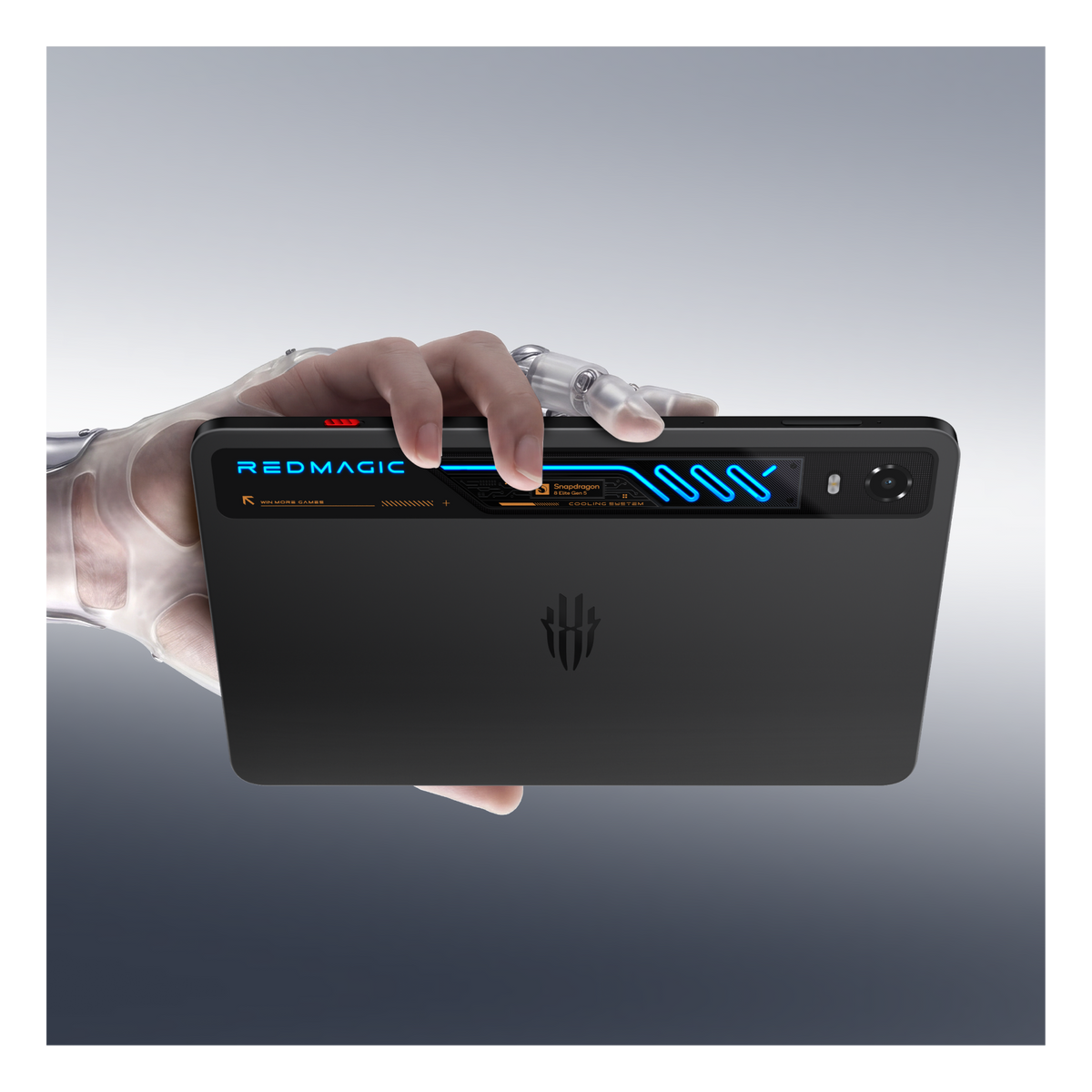 ZTE RedMagic Astra 2 in Eclipse Black held in landscape, showing the lit cooling window and the side USB-C port